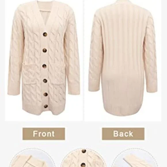 Long Sleeve Cable Knit Chunky Cardigan Open Front Button Sweater with Pockets - Picture 7 of 8